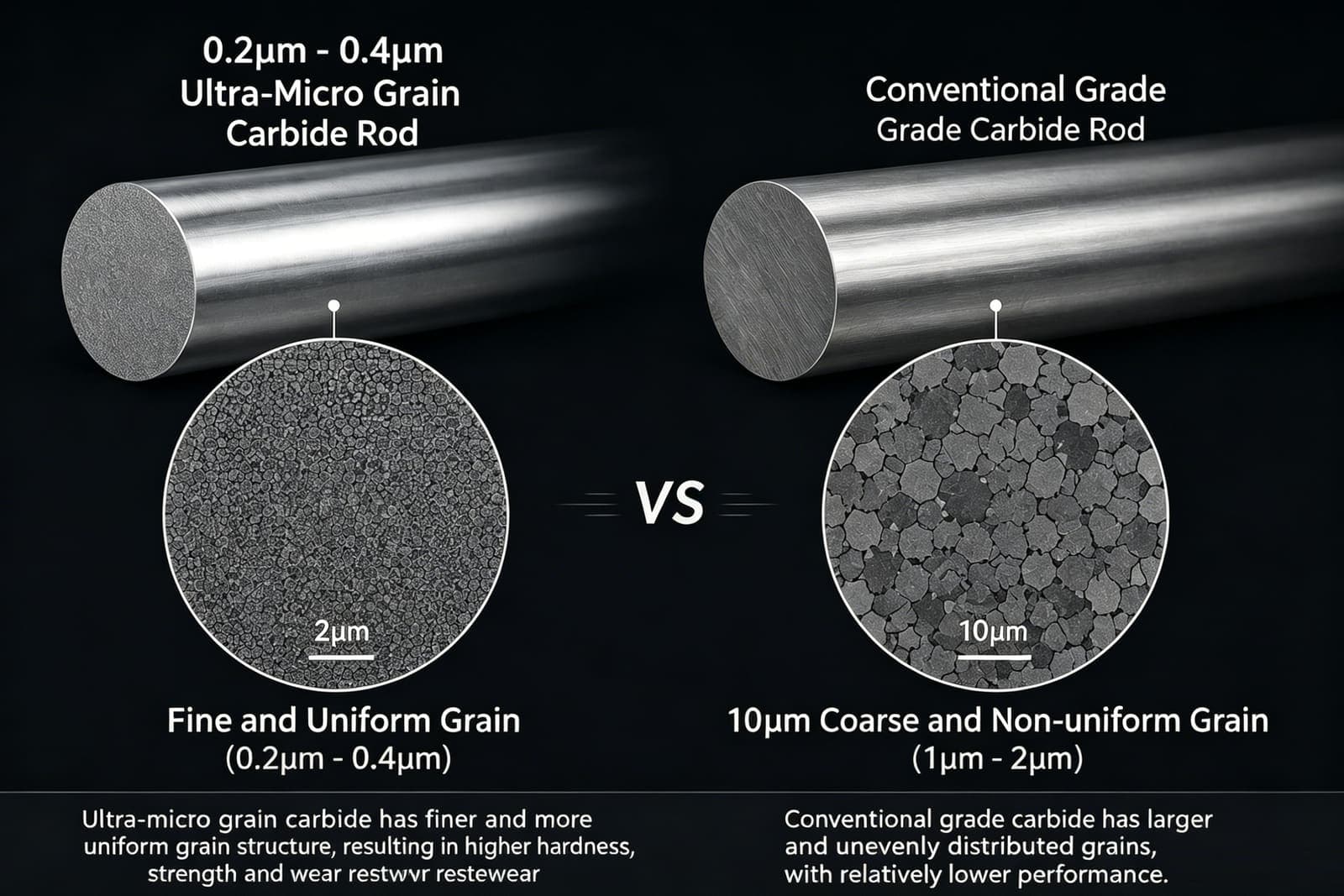 Comparison of ultra-micro grain carbide rod versus conventional grade carbide rod microstructure