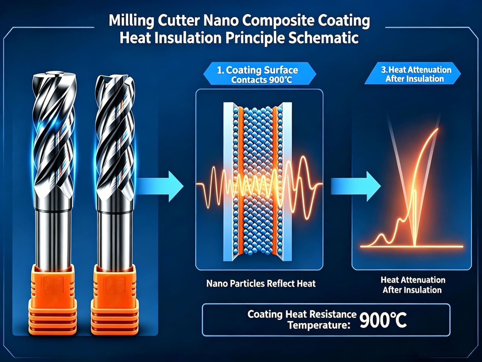 Schematic of nano-composite coating heat insulation principle showing nano particles reflecting heat at 900°C