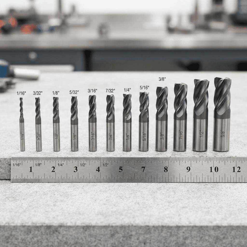 Full range of fractional inch carbide end mills next to an imperial ruler