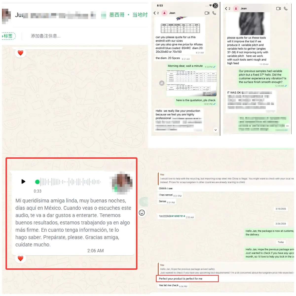 Collage of verified WhatsApp business chats with QT Tools customers discussing carbide end mill quotes, samples, and orders
