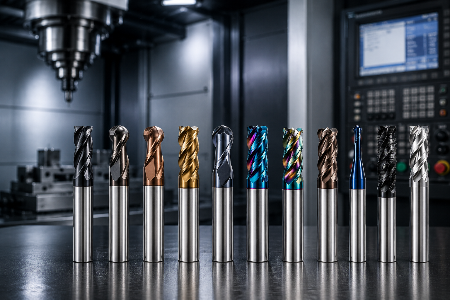 A full range of QT Tools solid carbide end mills with various coatings lined up in front of a CNC machining center