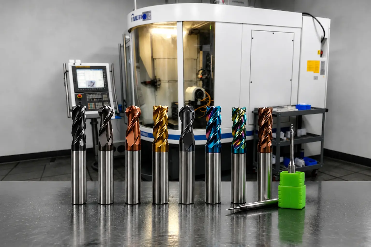 A full range of QT Tools solid carbide end mills with various coatings lined up in front of a CNC machining center