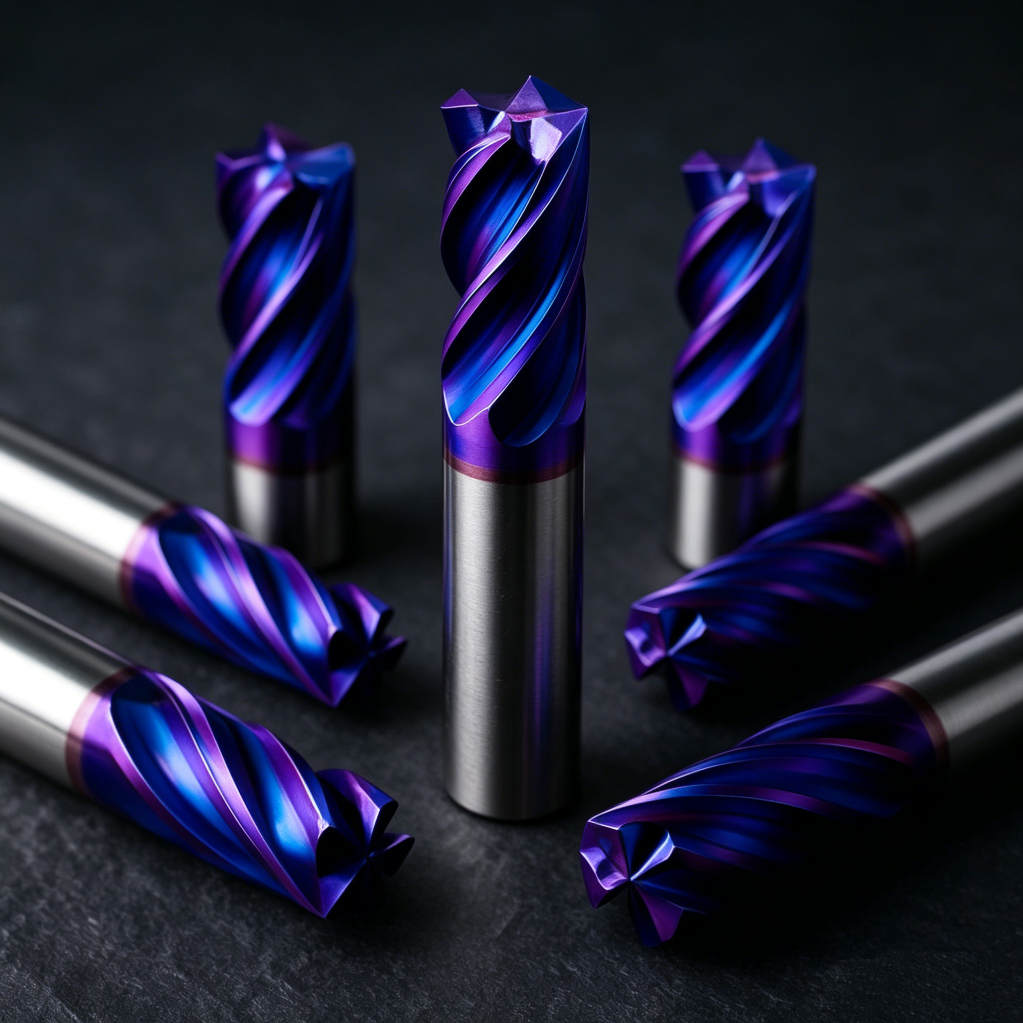 Purple-blue iridescent coated carbide end mills for stainless steel and titanium